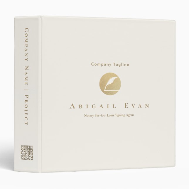 Modern Glitter Gold Feather Notary Service 3 Ring Binder (Front/Spine)