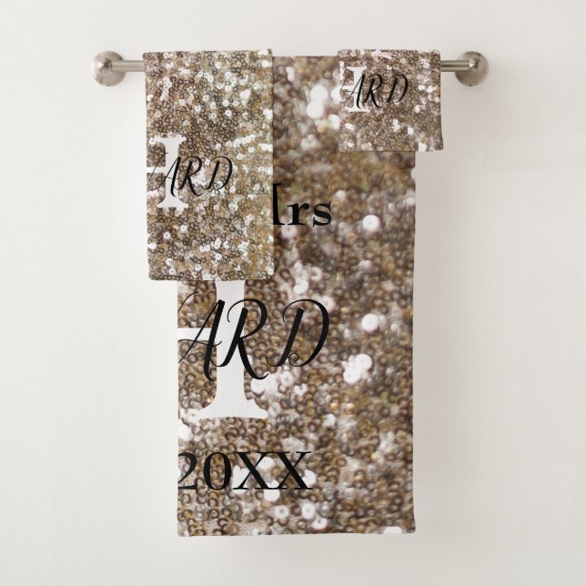 Modern Glitter Gold Monogram Name Newlyweds Bath Towel Set (Insitu)