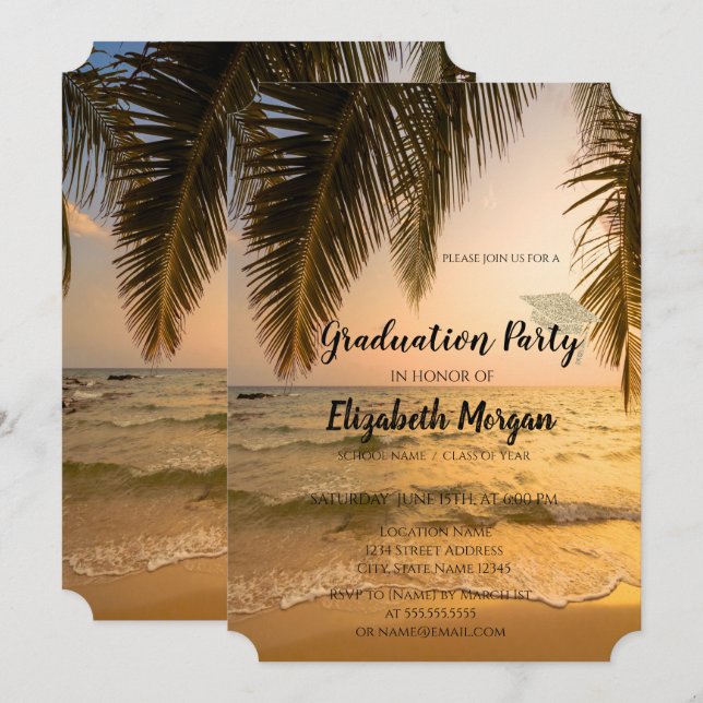 Modern Glitter Graduation Cap,Beach Palm Invitation (Front/Back)