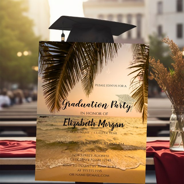Modern Glitter Graduation Cap,Beach Palm Invitation (Creator Uploaded)