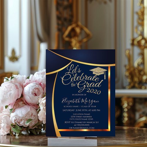 Modern Glitter Graduation Cap Navy Blue Graduation Invitation