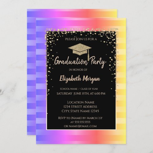 Modern Glitter Graduation CapOmbre Stripes Invitation