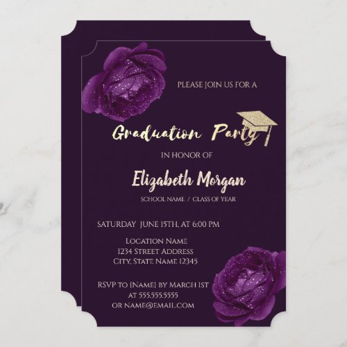 Modern Glitter Graduation Cap Purple Roses Invitation
