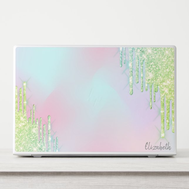 Modern Glitter Green Drips Holographic HP Laptop Skin (Front)