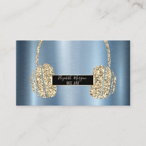 Modern Glitter Headphone DJ Blue Metallic Business Card