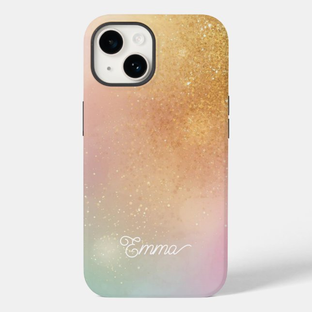Modern Glitter Holographic Gold with Name Case-Mate iPhone Case (Back)