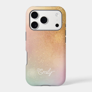 Modern Glitter Holographic Gold with Name iPhone 17 Pro Case