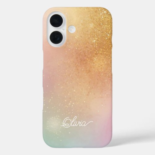 Modern Glitter Holographic Gold with Name iPhone 16 Case