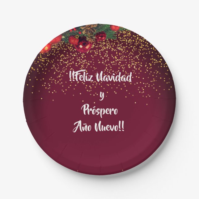 Modern Glitter Lettering Christmas Feliz Navidad Paper Plates (Front)