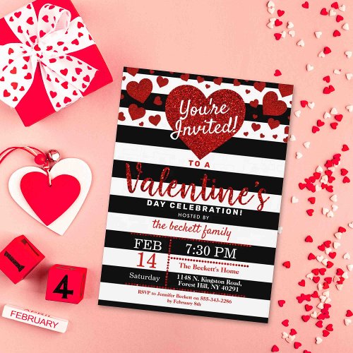 Modern Glitter Love Hearts Valentines Day Party Invitation