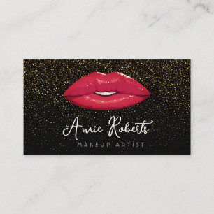 Modern Glitter Makeup Artist Red Lips Business Card