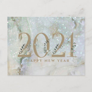 Modern Glitter Marble Happy New Year 2021 Holiday Postcard
