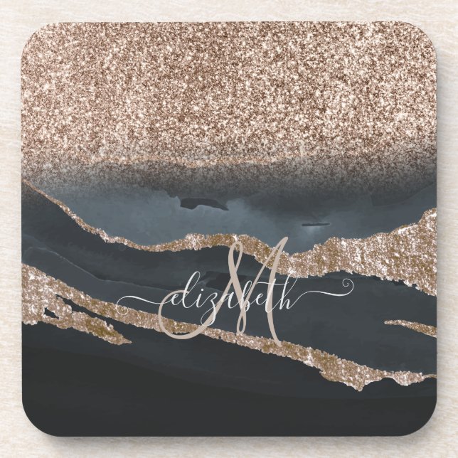 Modern Glitter Marble Monogram Beverage Coaster (Front)