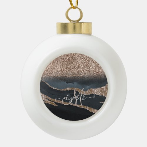 Modern Glitter Marble Monogram Ceramic Ball Christmas Ornament