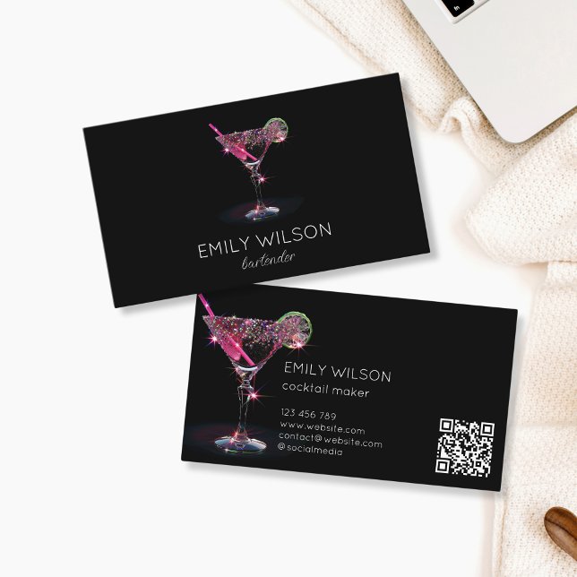 Modern Glitter Martini  Bartender Cocktail Waiter Business Card (Creator Uploaded)