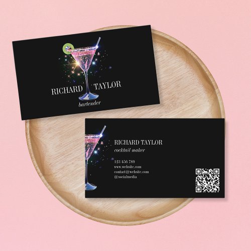 Modern Glitter Martini  Bartender Cocktail Waiter Business Card