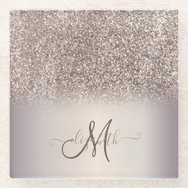 Modern Glitter Ombre Cool Monogram  Glass Coaster (Front)