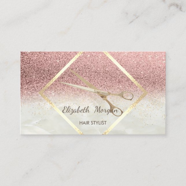 Modern Glitter Ombre Gold Frame,Confetti,Scissors Business Card (Front)