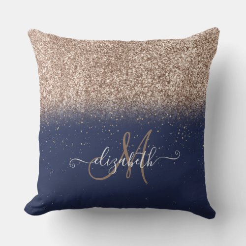 Modern Glitter Ombre  Monogram Navy Blue  Throw Pillow