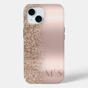 Modern Glitter Ombre Rose Gold Monogram iPhone 15 Case
