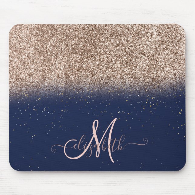Modern Glitter Ombre Rose Gold Monogram Navy Blue Mouse Pad (Front)