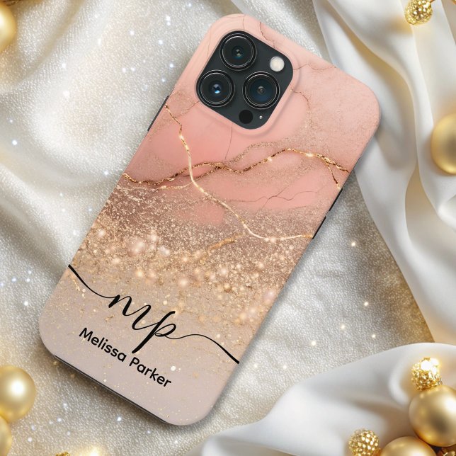 Modern glitter ombre rose marble chic monogrammed  Case-Mate iPhone case (Creator Uploaded)
