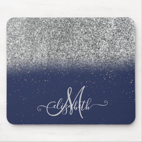 Modern Glitter Ombre Silver Monogram Navy Blue Mouse Pad