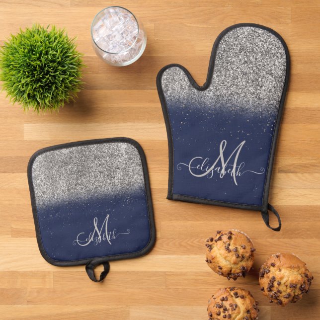Modern Glitter Ombre Silver Monogram Navy Blue Oven Mitt & Pot Holder Set (Top Down)
