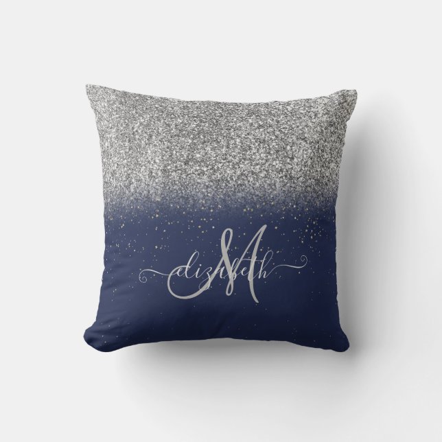 Modern Glitter Ombre Silver Monogram Navy Blue Throw Pillow (Front)