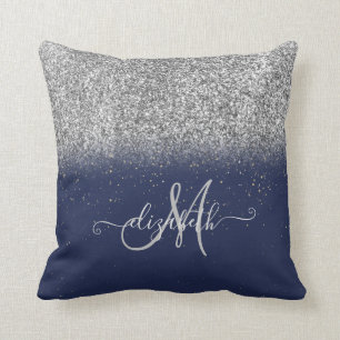 Modern Glitter Ombre Silver Monogram Navy Blue Throw Pillow