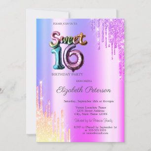 Modern Glitter Ombre Violet Drips Balloon Sweet 16 Invitation