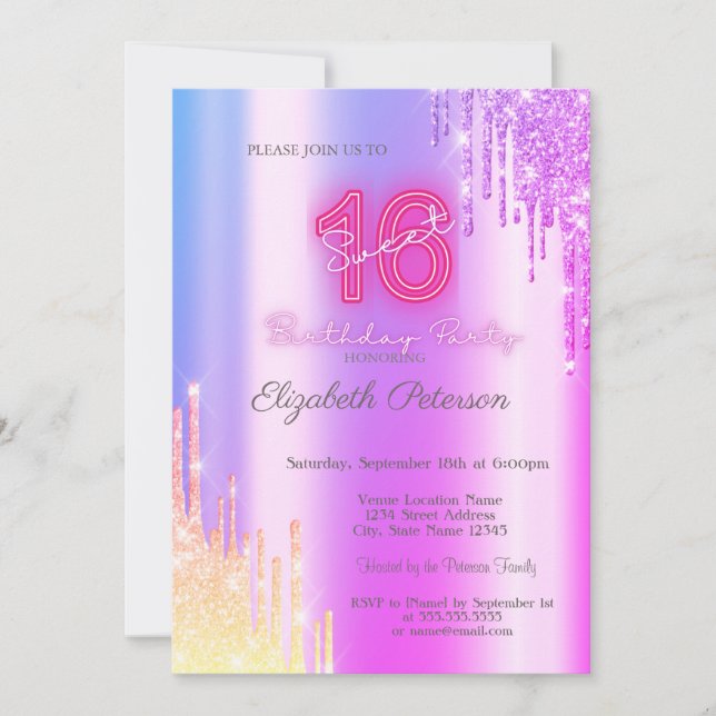 Modern Glitter Ombre Violet Drips Neon Sweet 16 Invitation (Front)