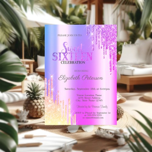 Modern Glitter Ombre Violet Drips Sweet 16 Invitation