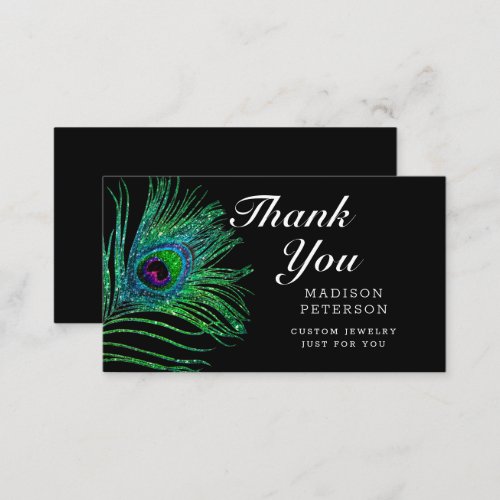 Modern Glitter Peacock Feather Boho Jewelry Business Card