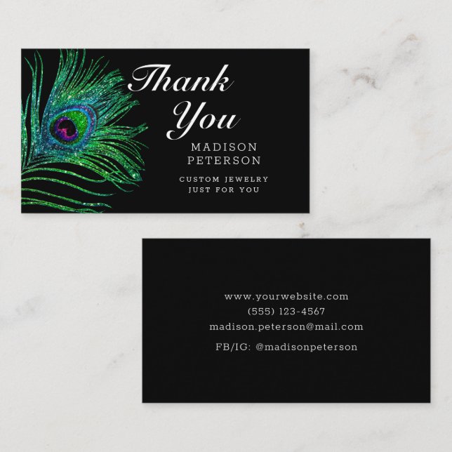 Modern Glitter Peacock Feather Boho Jewelry Business Card (Front/Back)
