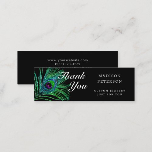 Modern Glitter Peacock Feather Boho Jewelry Mini Business Card