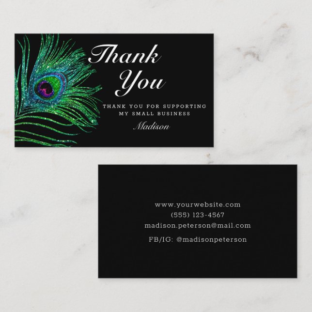 Modern Glitter Peacock Feather Boho Thank You Business Card (Front/Back)