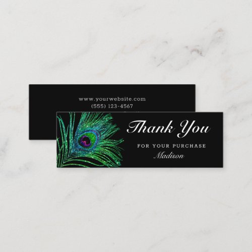 Modern Glitter Peacock Feather Boho Thank You Mini Business Card