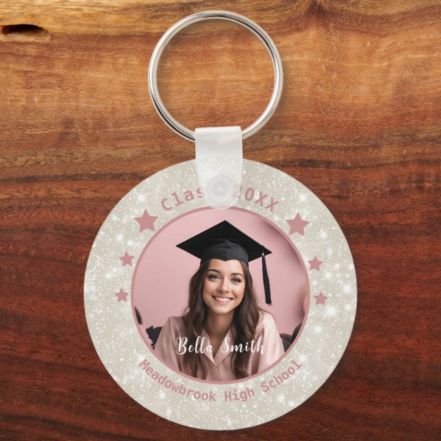 Modern Glitter Photo Dusty Pink Graduation  Keychain (Front)