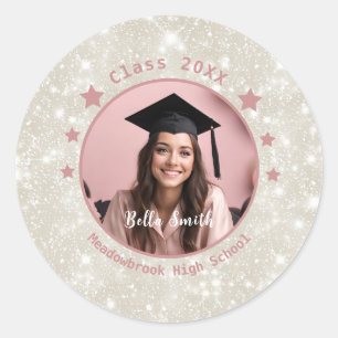 Modern Glitter Photo Graduation  Classic Round Sticker