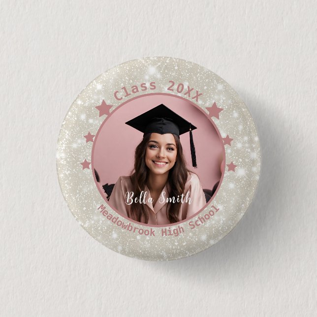 Modern Glitter Photo Pink Gift Graduation  Button (Front)