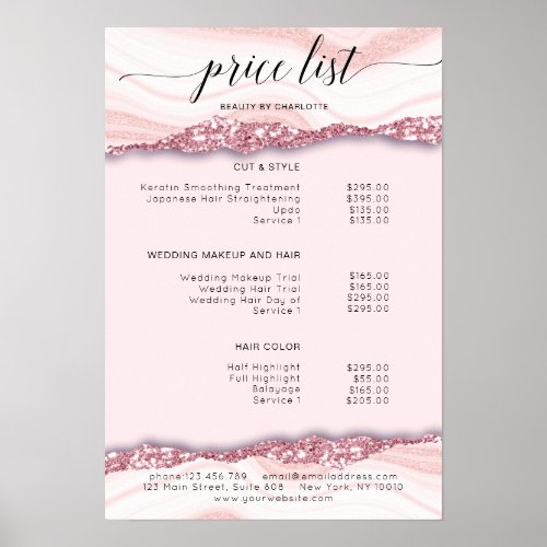 Modern glitter pink price list Poster