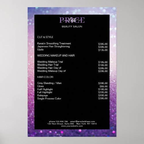 Modern Glitter Pink Purple Price List Poster