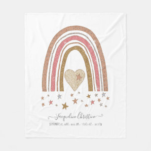 Modern Glitter Pink Rainbow Birth Stats Girl Baby Fleece Blanket