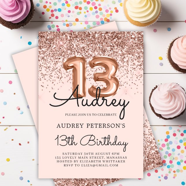 Modern Glitter Rose Gold Balloon 13th Birthday  Invitation (Creator Uploaded)