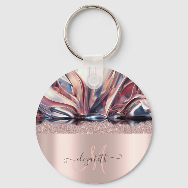 Modern Glitter Rose Gold Monogram Abstract    Keychain (Front)