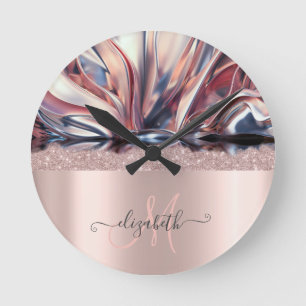 Modern Glitter Rose Gold Monogram Abstract Round Clock