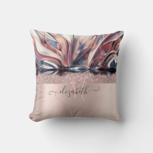 Modern Glitter Rose Gold Monogram Abstract  Throw Pillow