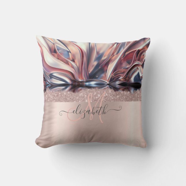 Modern Glitter Rose Gold Monogram Abstract  Throw Pillow (Front)