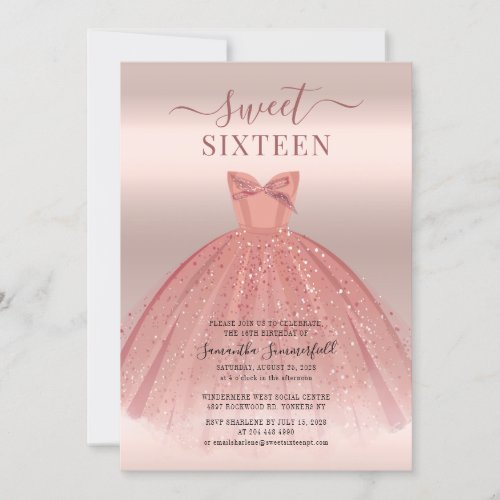 Modern Glitter Script Rose Gold Sweet 16 Invitation